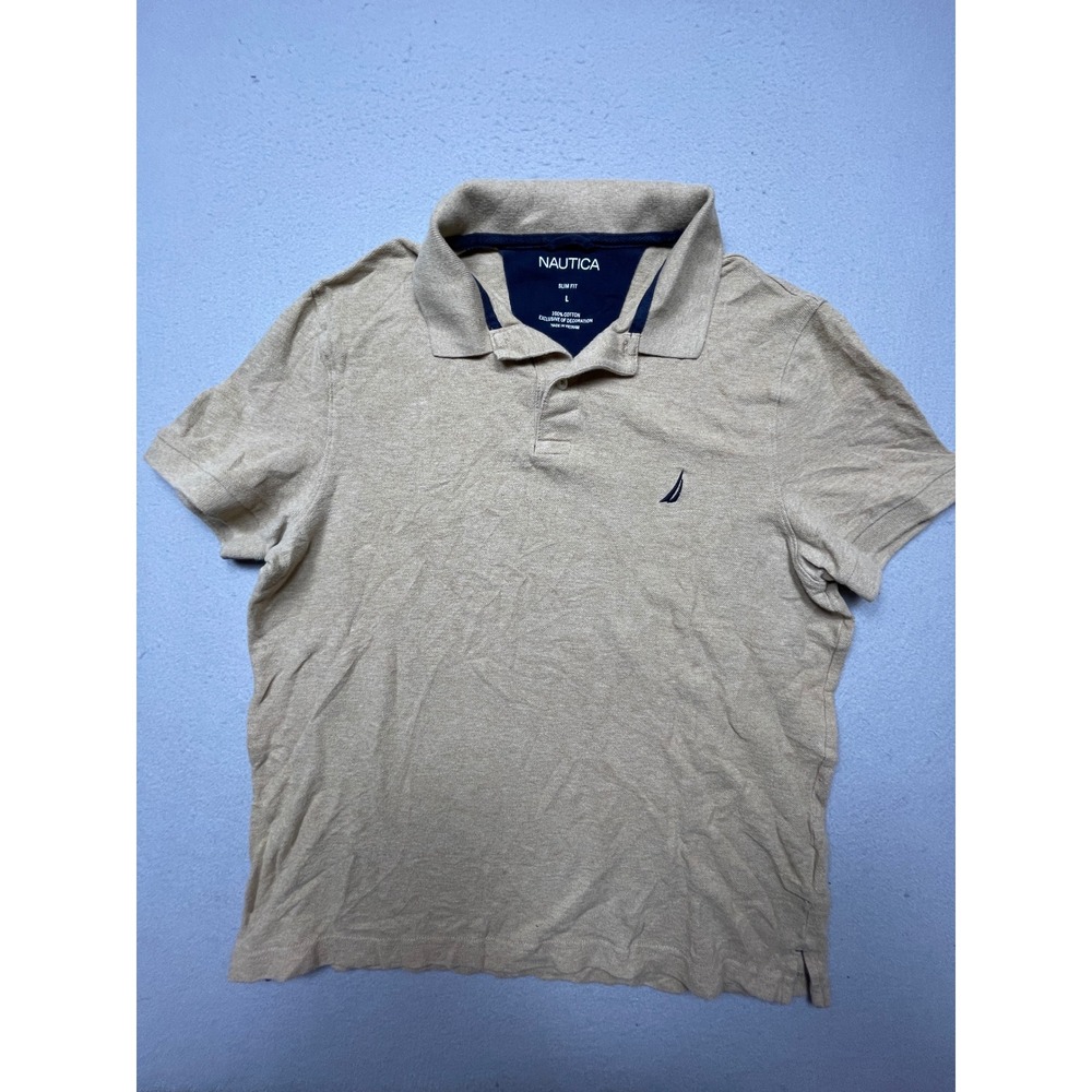 Nautica Polo Shirt 100% Cotton Tan Khaki L Mens